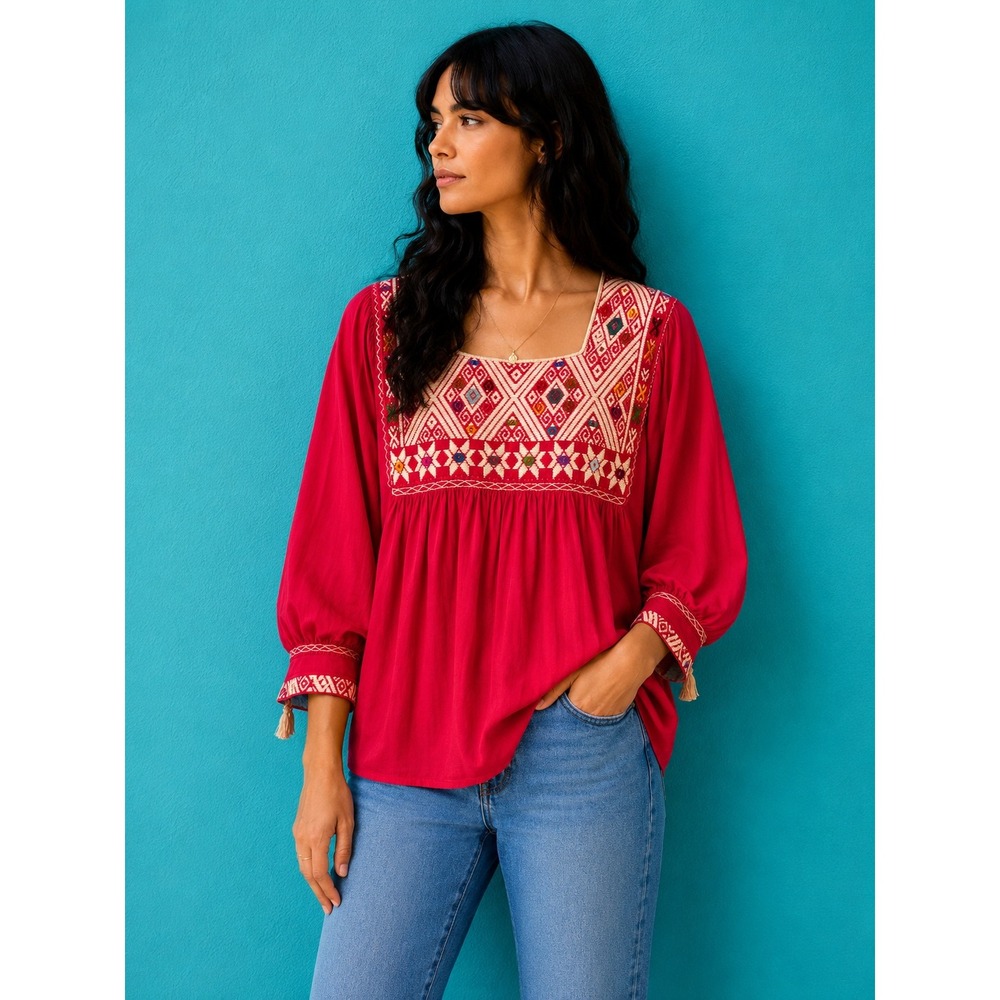 Vintage 70s Red Mexican Tunic Blouse Boho Folk Medium Hand Embroidered Gauze Top